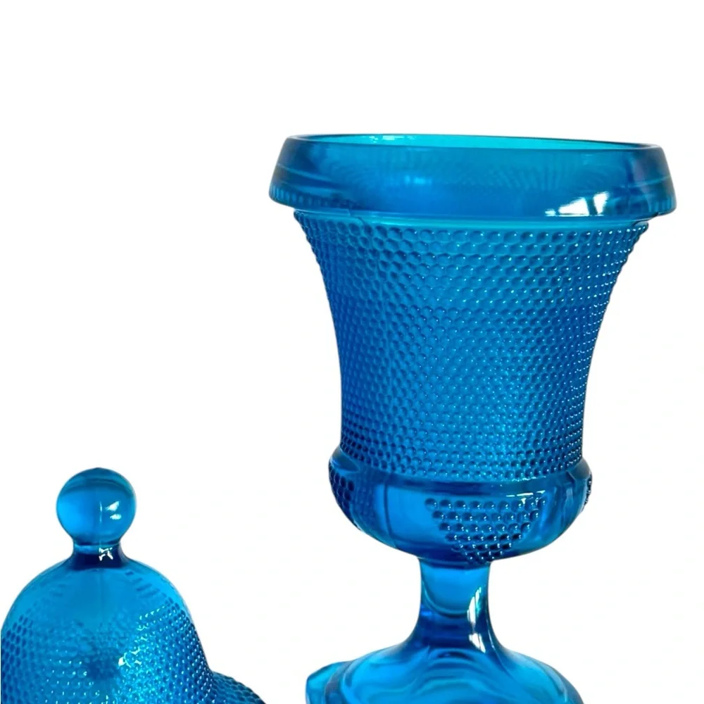 Vintage L.E. smith turquoise blue footed apothecary jar with lid